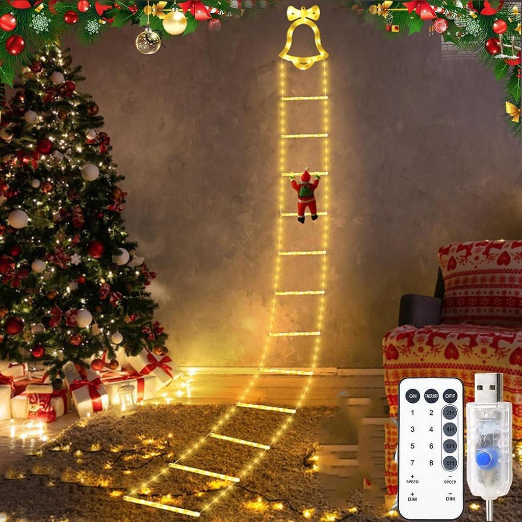Weihnachtsmann Leiter Lichter LED Glocken Leiter Lichter Weihnachtsbaum Lichterkette festliche Party Dekoration Umgebungslicht bunt 3m 12 Leiter