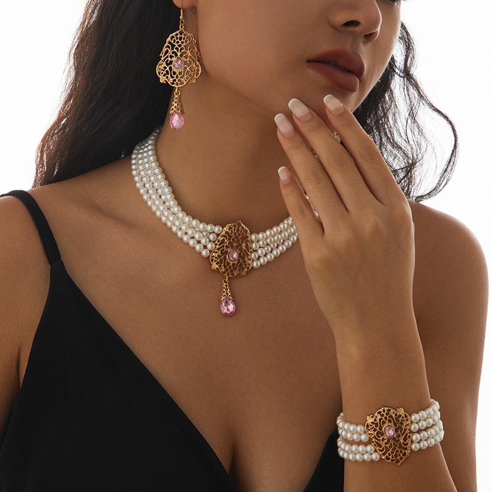 Multilayer Pearl Beaded Bracelet Shiny Necklace Earring Set Temperament Bridal Jewelry Set  Lady