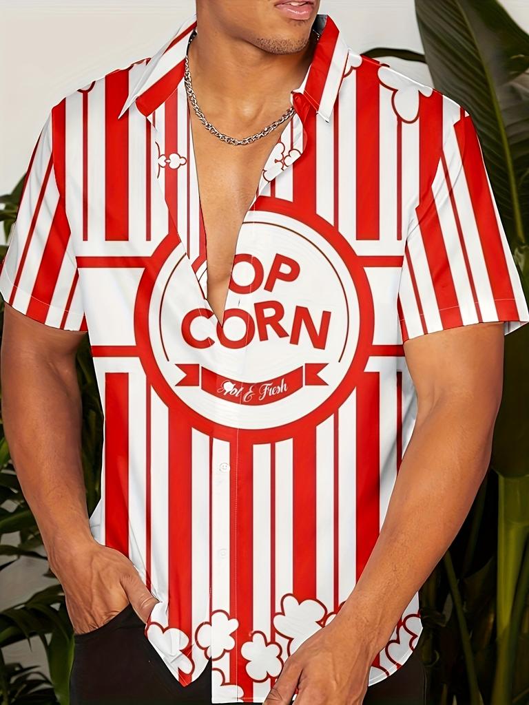 Printed Design – Not Textured Men's Stylish Shirt, Red and White Striped Popcorn Print Short Sleeve Shirt, Men's Lapel Collar Open Front Fun Pattern