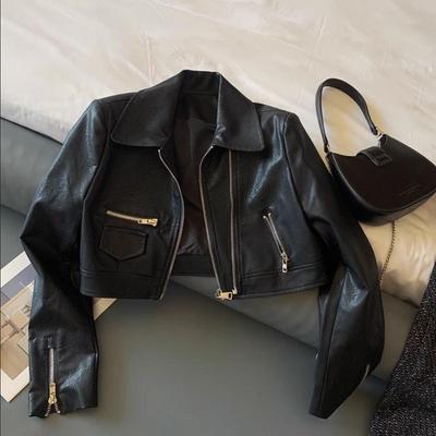 Classic American Style Motorcycle Jacket for Women, Slim Fit Short Zipper PU Leather Jacket