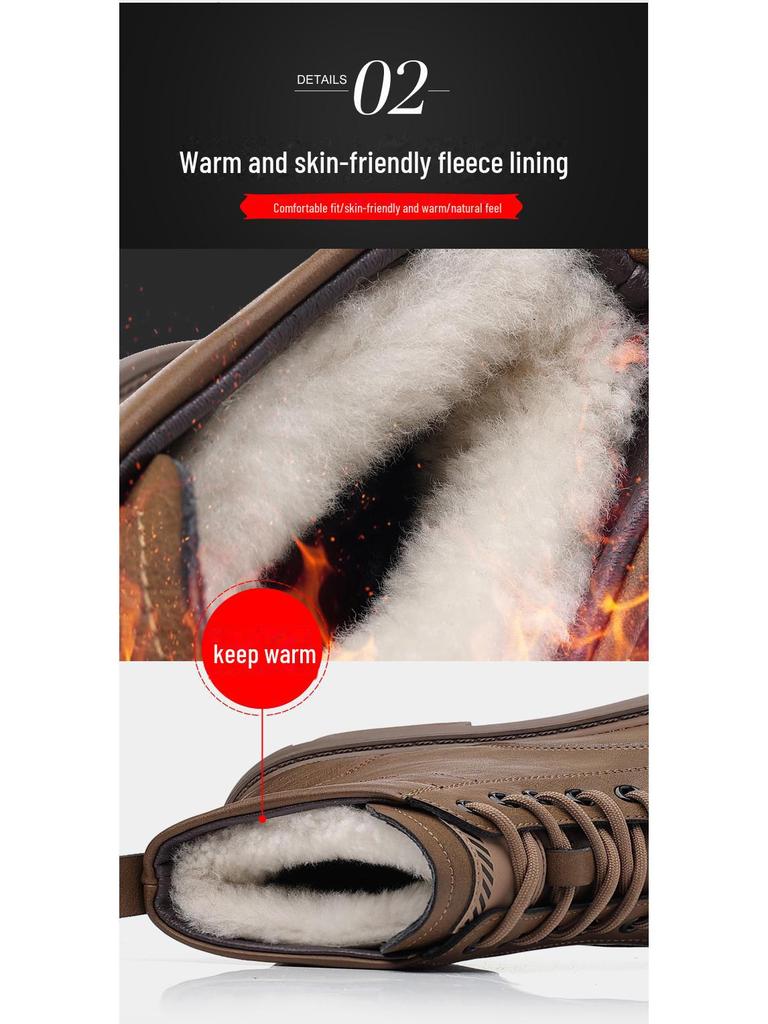 Men's Plush Genuine Leather High-Top Boots - 2024 Trendy Wool Cotton Warm Snow Work Shoes