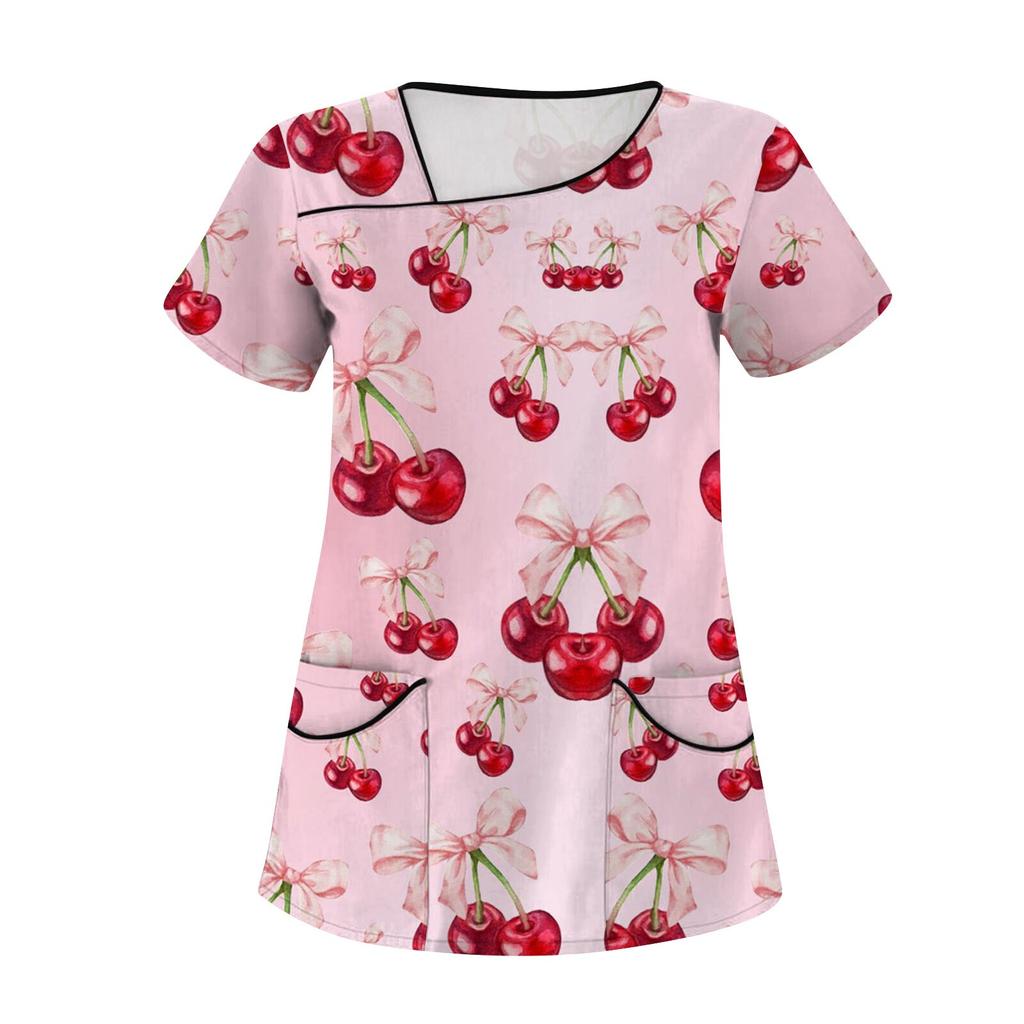 Women's Fashion Bow Printed Short Sleeve Care Workwear With Double Pockets Top