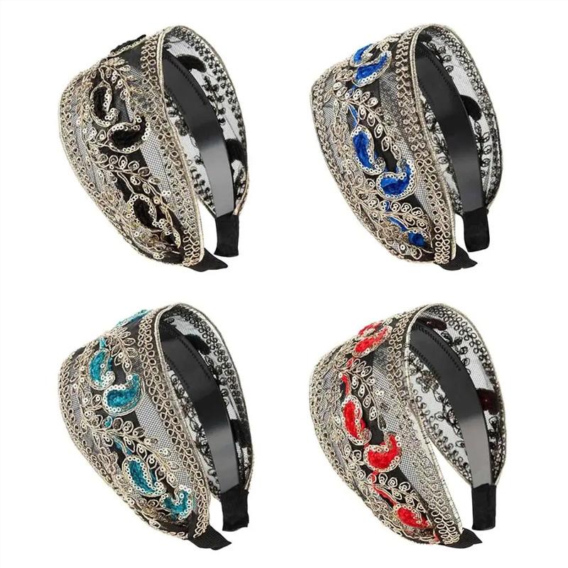 1PC Hollow Lace Flowers for Women Girls Sequins Bezel Headdress Wide Edge Fashion Headband Hair Hoop with Tooth