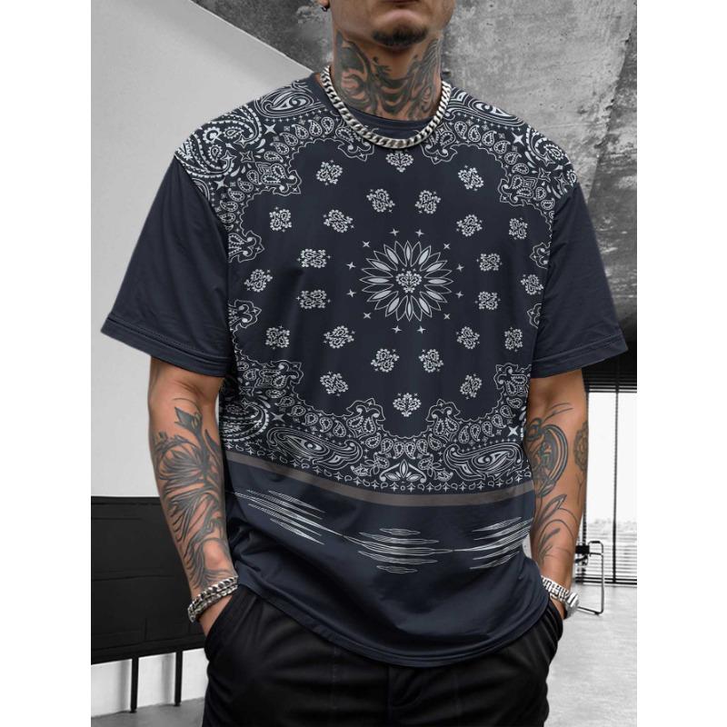 Bohemian Bandana Patterned Short - Sleeve Tops Summer Round Neck 3D Print Fashionable Casual Men's T-shirts