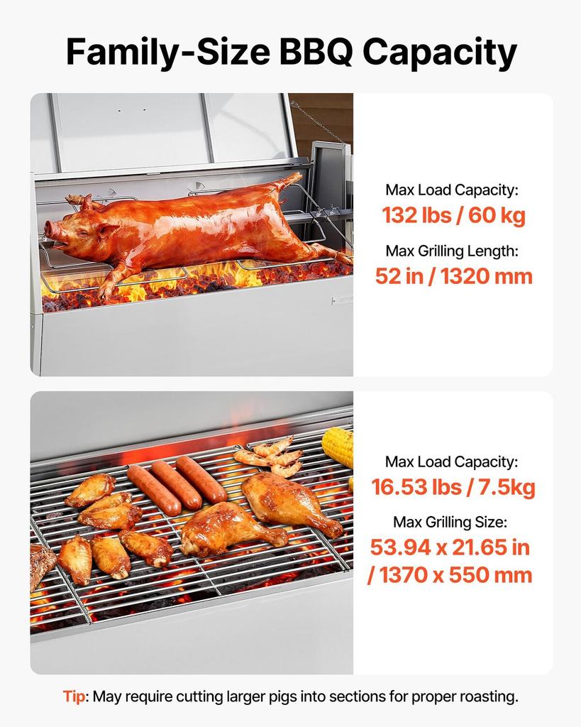 Rotisserie Grill, 38W BBQ Outdoor Pig & Lamb Spit Roaster, Charcoal Spit Roaster with 60 Kg Capacity, Wheels & 4-Level Height, Stainless Steel