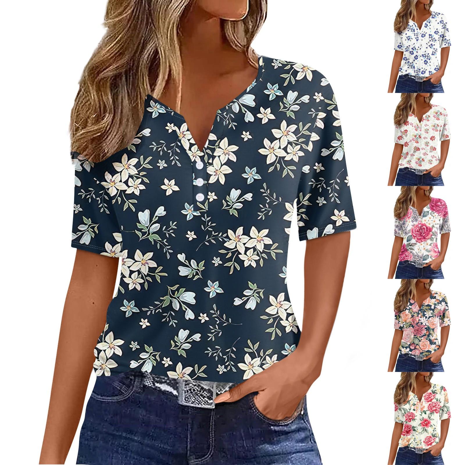 

Женская мода Повседневная футболка с цветочным принтом и v-образным вырезом с коротким рукавом и декоративными пуговицами Топ XXXL бежевый