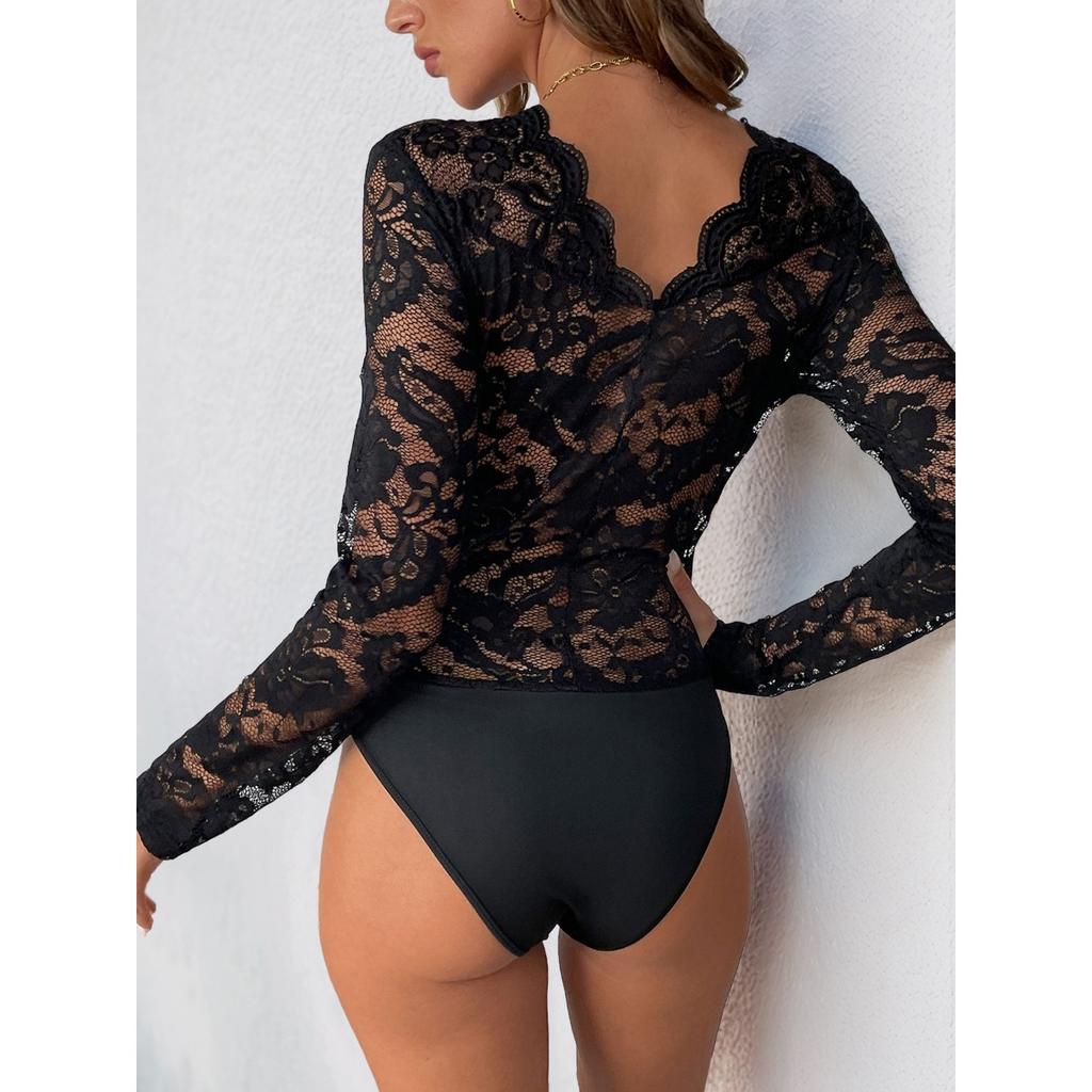 Women's Elegant Solid Color Long Sleeve Lace Sexy Bodysuit, Popular European & American Style Jumpsuit for Spring Autumn