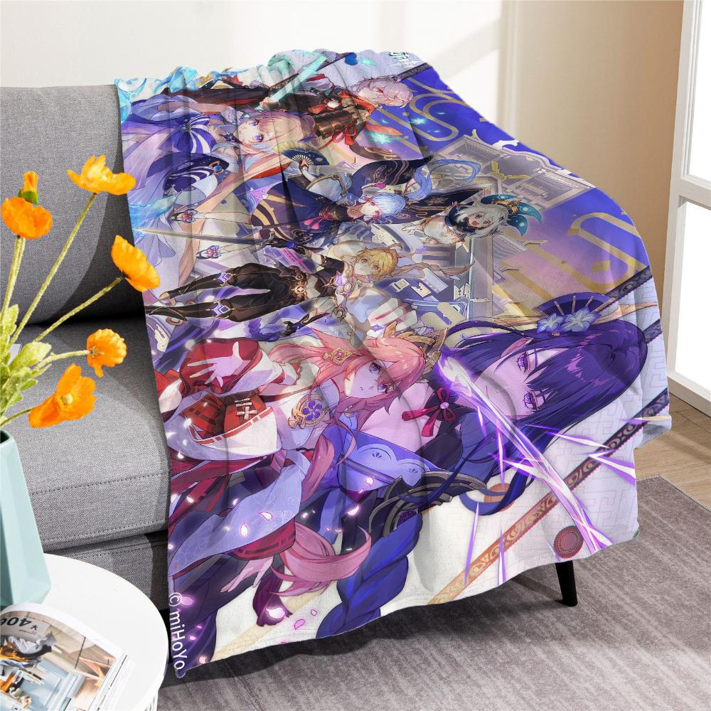 Cartoon Air Conditioning Blanket Genshin Impact Blanket Carved Fine Flannel Animation Dormitory Nap Blanket