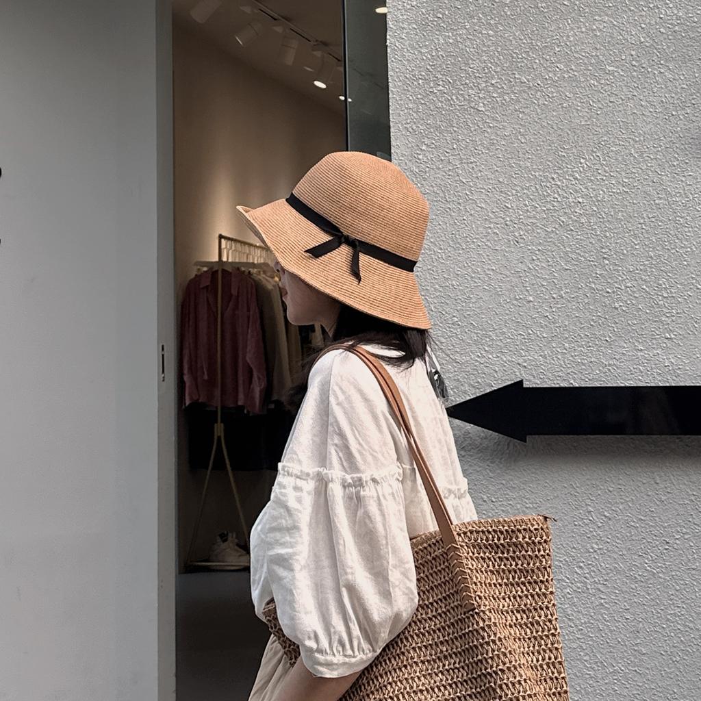 Straw Hat Women UV Literary and Simple Temperament Versatile Straw Bucket Hat Summer Sunshade Sun Hat Foldable