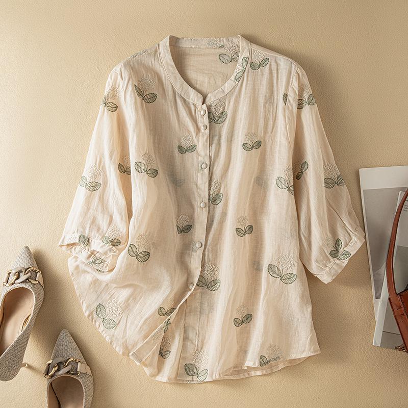 3332 Women s Summer Cotton Linen Embroidered Short Sleeve Stand Collar Top XXL