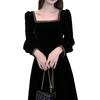 Hepburn style velvet dress women's early autumn new French high-end temperament long-sleeved black skirt