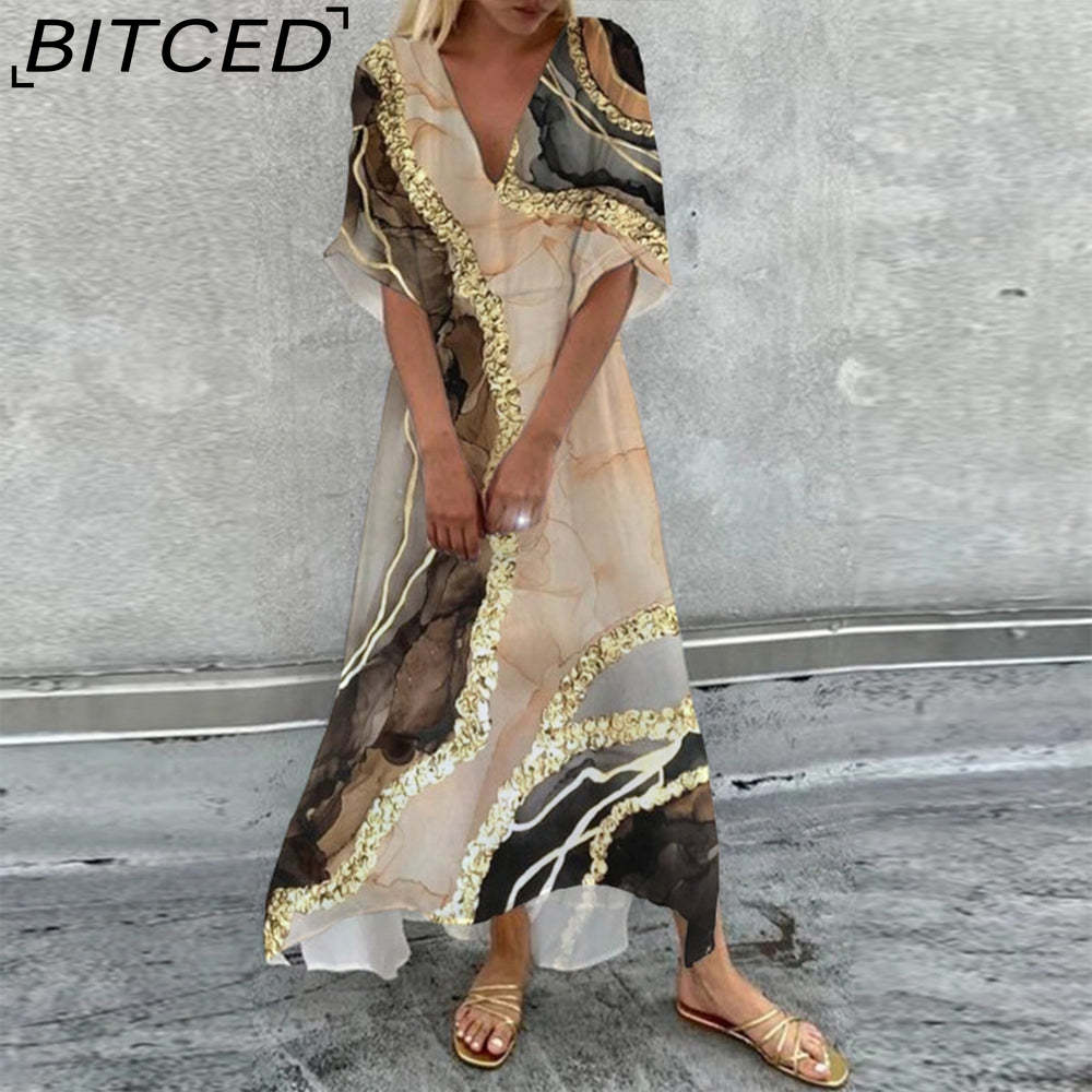 BITCED Women's Fashion-Forward Printed V-Neck Three-Quarter Sleeve Dress