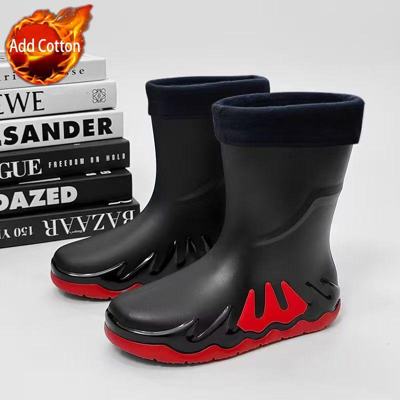 Young Motorcycle Fleece-lined Winter Men's Rain Boots Print Biker Warm Pvc Waterproof New Fishing Work Original Mud Male Shoes