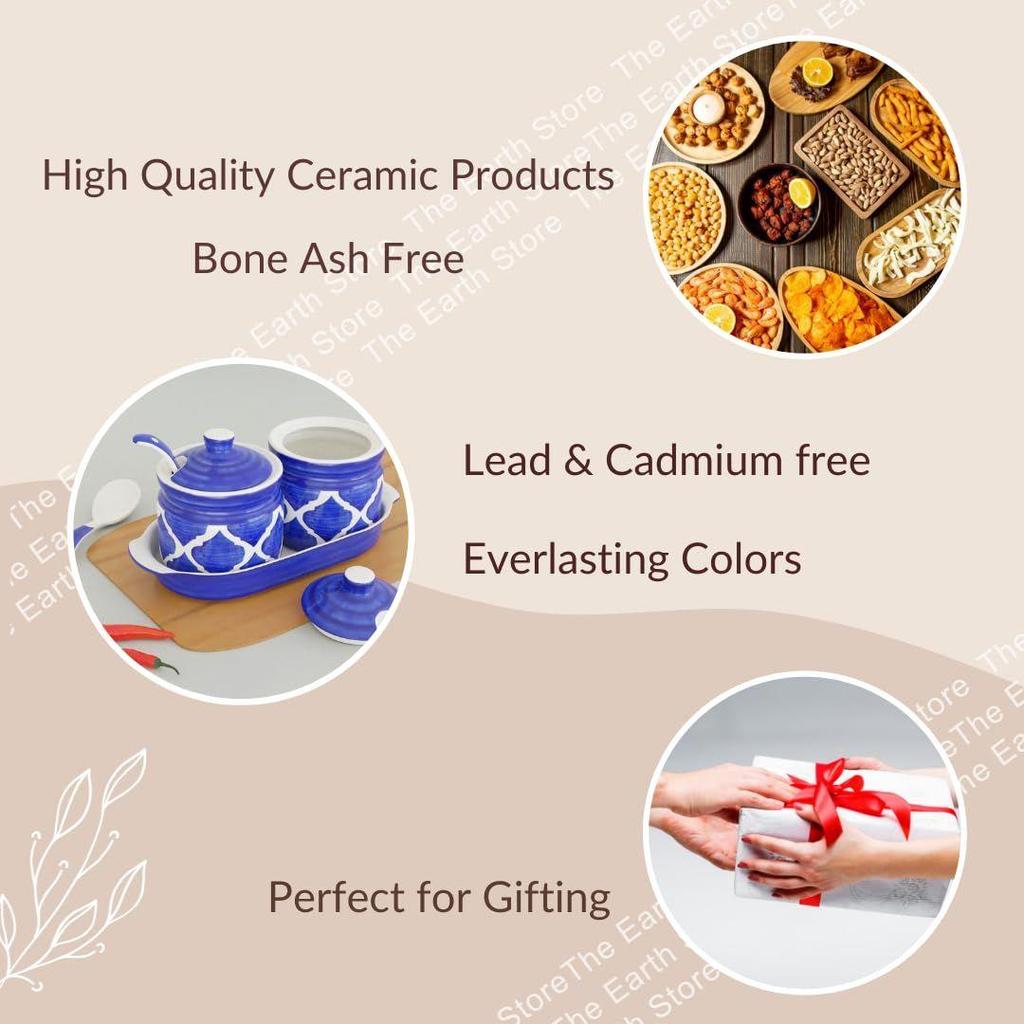 (Set of 2) 220 ML Each Handcrafted Ceramic Pickle Jar/barni with Lid, Tray and Spoon Moroccan Blue
