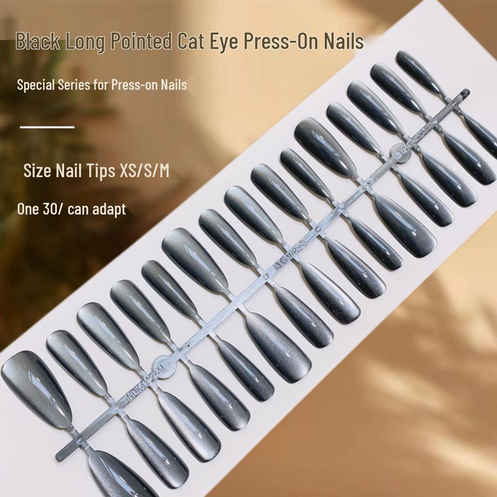 

Black Cat Eye Long Pointed Solid Color Nail Patches - High-End Fake Nails