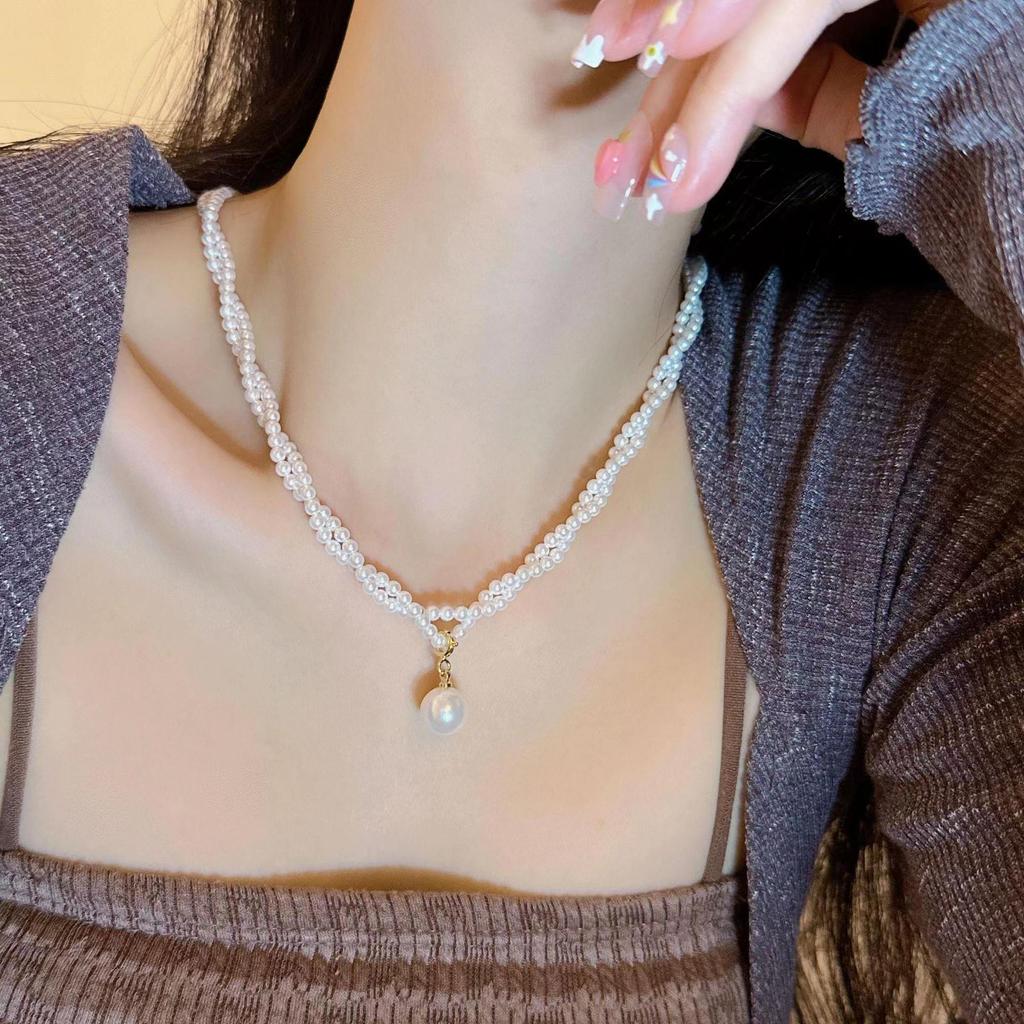 French small fragrant style retro double layer stacked pearl necklace sweet temperament niche design sense collarbone chain neck chain