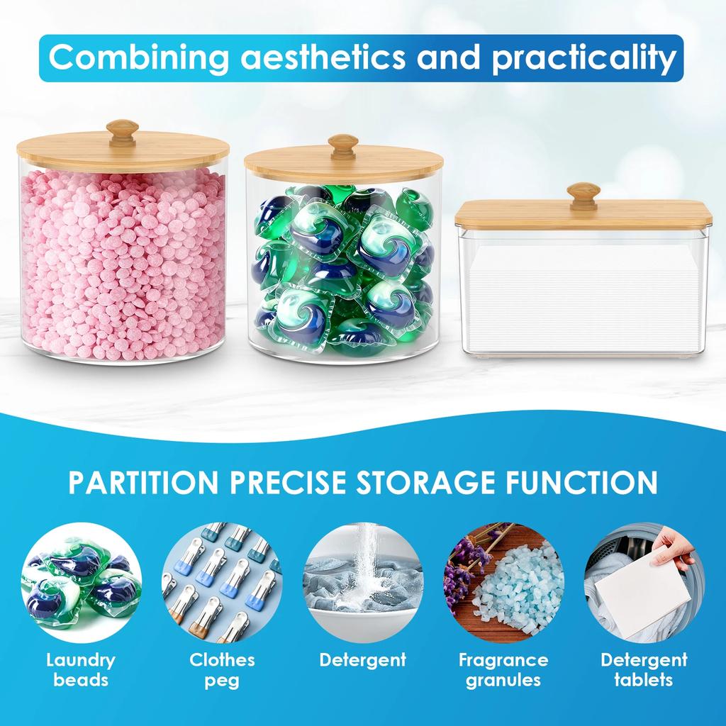 3 Pack Laundry Pod Container Plastic Transparent Desktop Storage Box with Scoop and Wood Lid Washing Tablet Storage Container