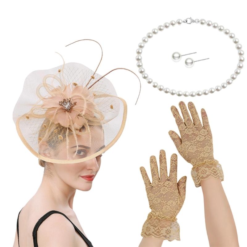 French Fascinator Hat with Necklace Gloves Ear Studs Costume Set For Horse Racing Event and Halloween Party Dressingup