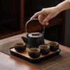 Portable Black Pottery Kung Fu Tea Set: Teapot with Handle, 4 Cups, Tea Tray, Storage Bag - Perfect for Outdoor Brewing