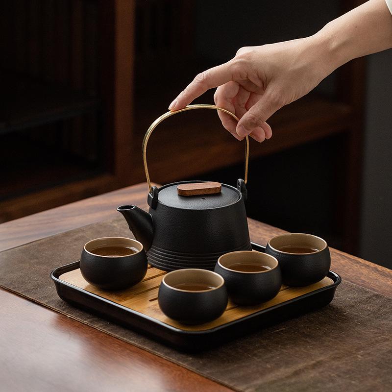 Portable Black Pottery Kung Fu Tea Set: Teapot with Handle, 4 Cups, Tea Tray, Storage Bag - Perfect for Outdoor Brewing
