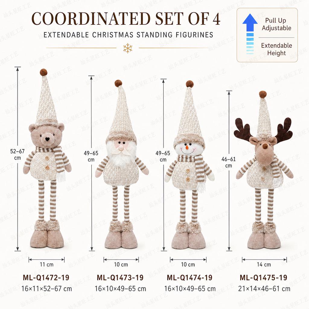 Khaki Christmas Card Series: Retractable-Leg Reindeer, Snowman, and Bear Figurine Ornaments