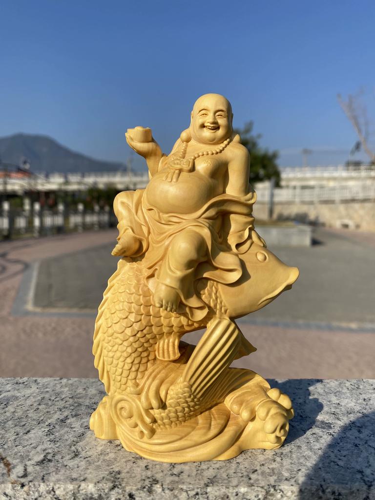 Wooden Carp Maitreya Buddha Decorative Statue ,Creative Solid Wood Art Hand Carving Home Room, Office Fortune Gathering Statue