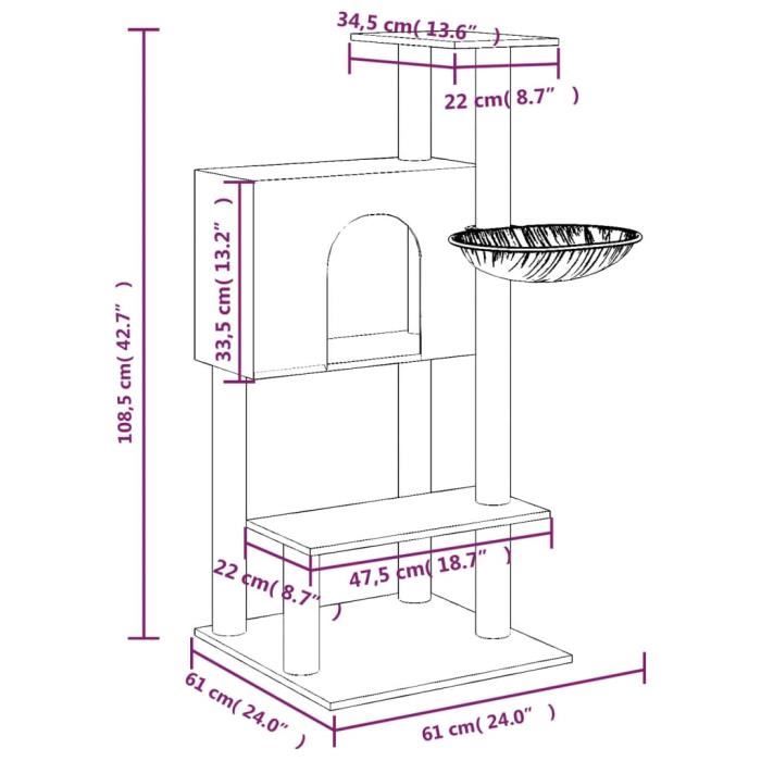 171599 vidaXL Arbre à chat avec griffoirs en sisal Gris foncé 108,5 cm