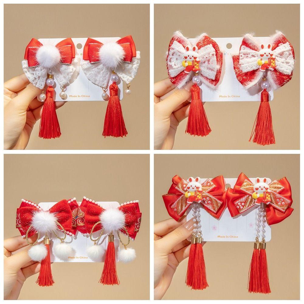 Tassel Chinese New Year Headwear Plush Ancient Style Hairpin Children Red Bow Hairpin  Children