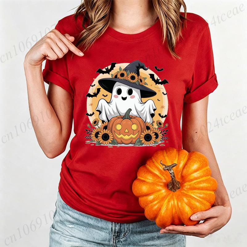 Women's Halloween T-Shirt Halloween-ghost-with-sunflower-hat-and-pumpkin-spooky-fun-with-bats-and-fall-vibes Print T-Shirts Gift