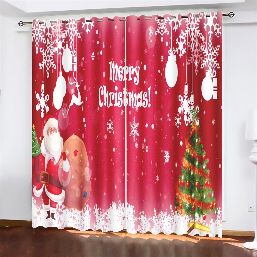 3D Julgardiner Tecknad Jultomte Klocka Snögubbe Röda Gardiner Vardagsrum Sovrum Kök Fönsterdekor 2 st