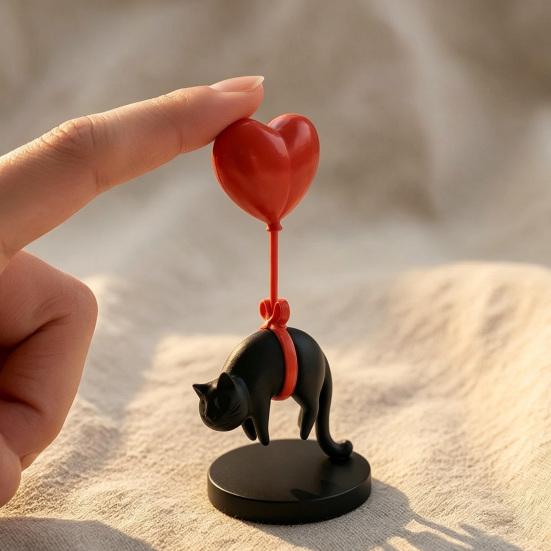 Floating Cat Heart Balloon Figurine 3D Printed Cute Black Cat Statue Romantic Desktop Ornament for Living Room Bedroom Bookshelf Nightstand Decor