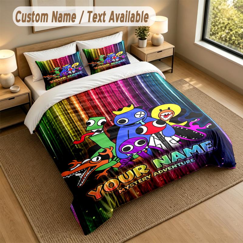 Custom Name Text Bedding 3Pcs Set,Rainbow Friends 1 Duvet Cover 2 Pillowcases Soft Bed Linen For Gift