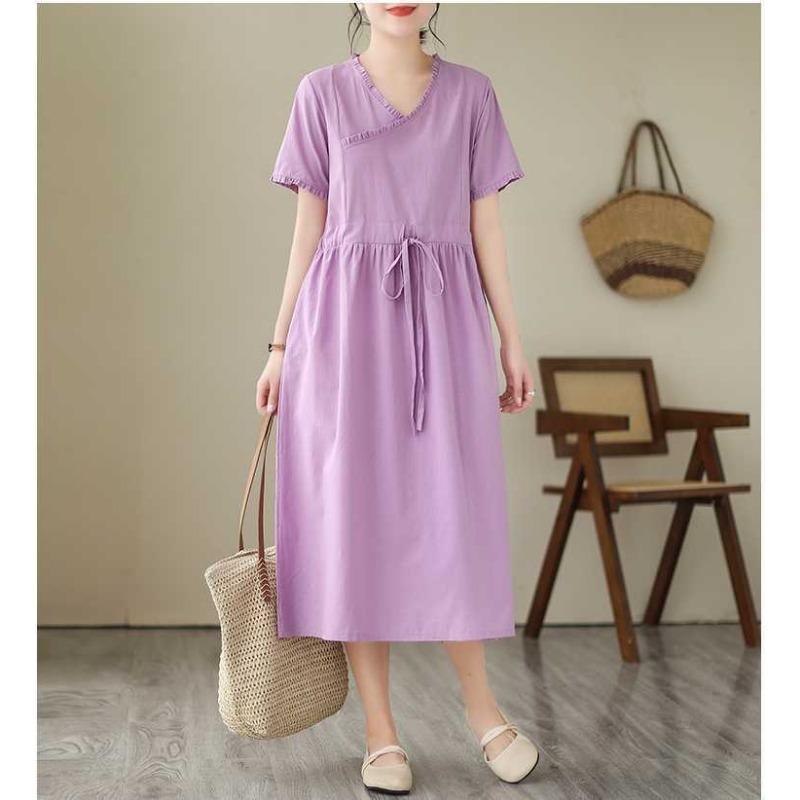 Ethnic Style Wooden Ear Neck Tie Waist Short Sleeve Midi Literary Vintage Dresses
