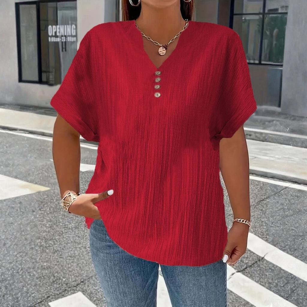 Women’s Short Sleeve V Neck Blouse with Button Loose Fit Tunic Top for Casual Daily Wear