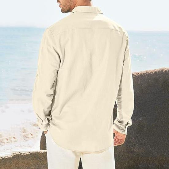 Men Solid Color Casual Shirt Lapel Long Sleeve Flap Pockets Single Breasted Shirt Loose Fit Tops Workwear