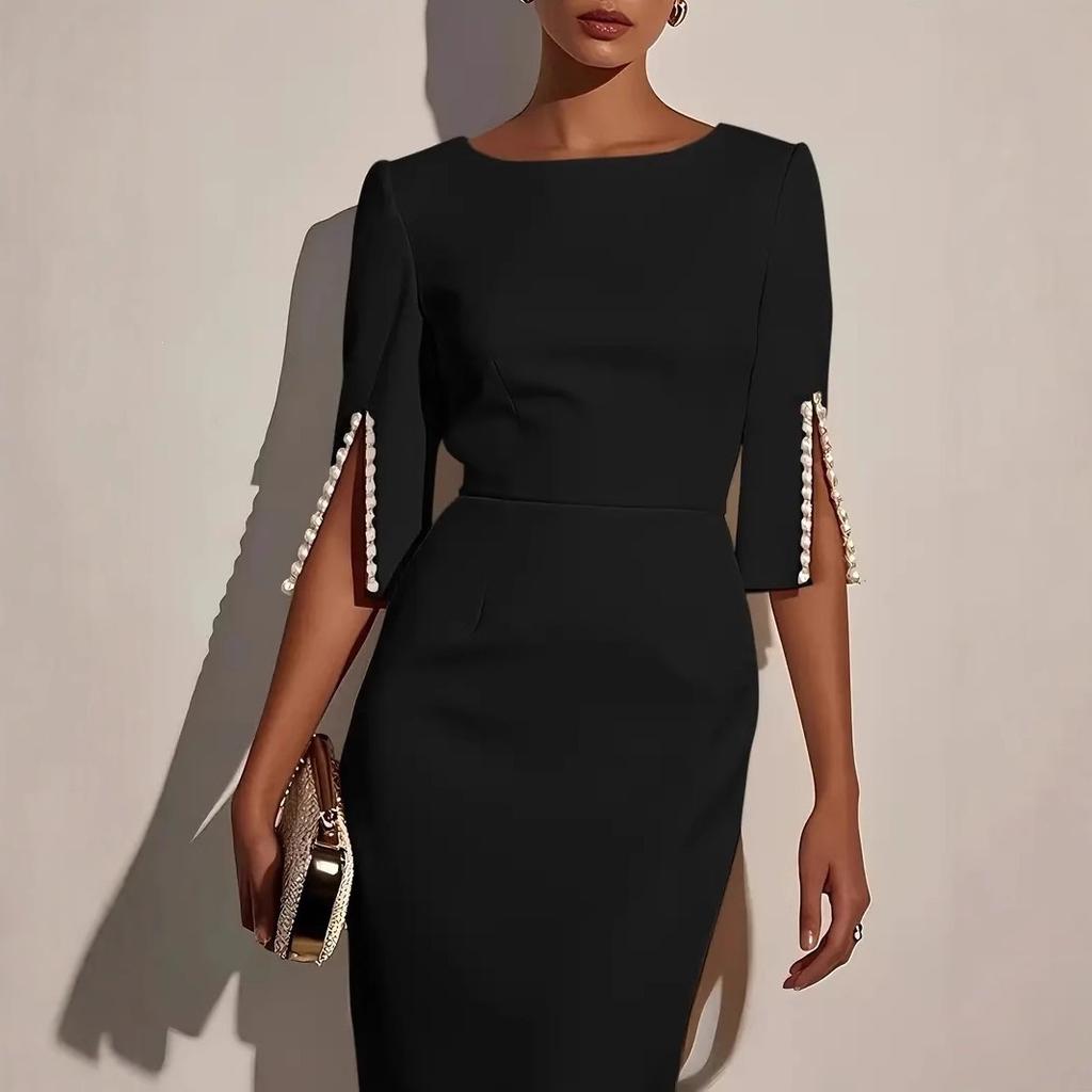 European and American New Solid Color Elegant Commuter Bead Slim Hip Dress Medium and Long Dress Women