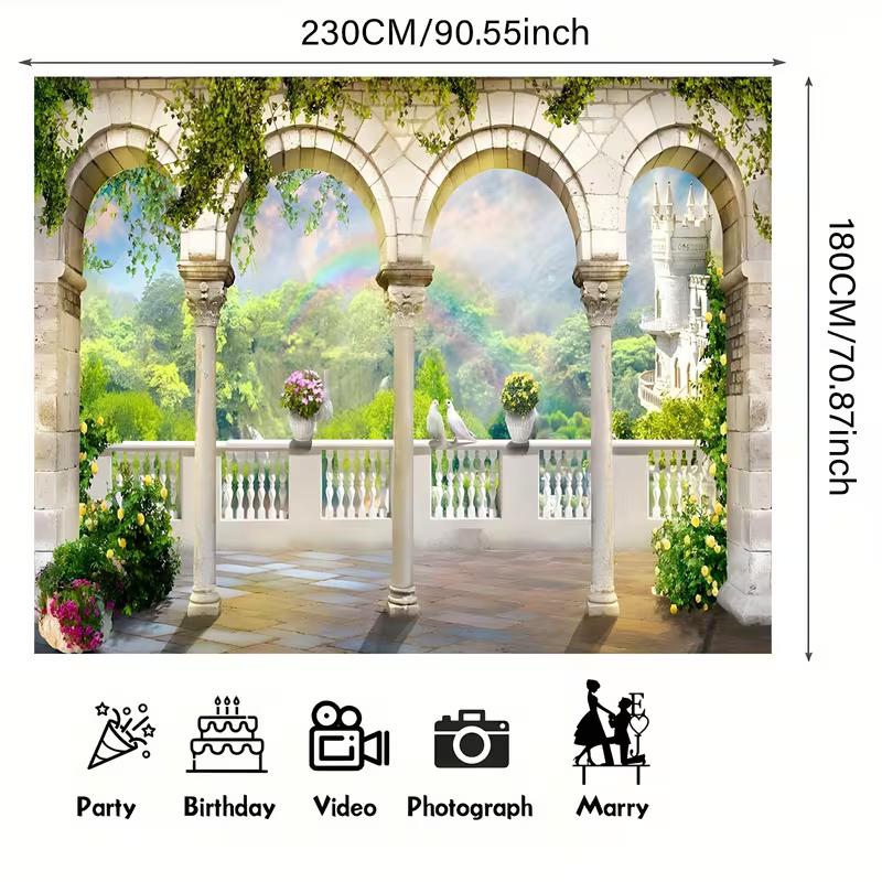 2D Castle Balcony Backdrop with Arches and Rainbow Photography Background
