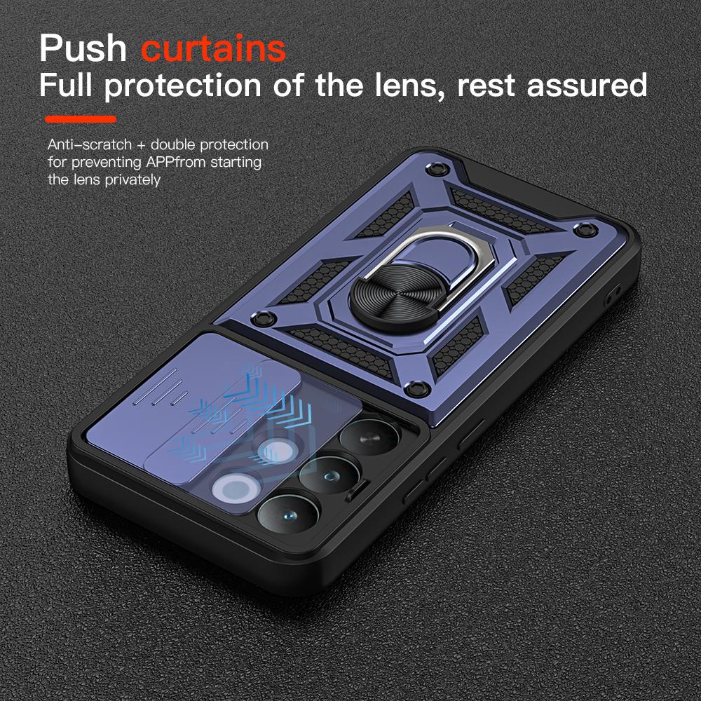 KEYSION Shockproof Armor Case for Realme C85 5G Slide Camera Lens Protection Ring Stand Phone Back Cover for OPPO Realme C85 Pro