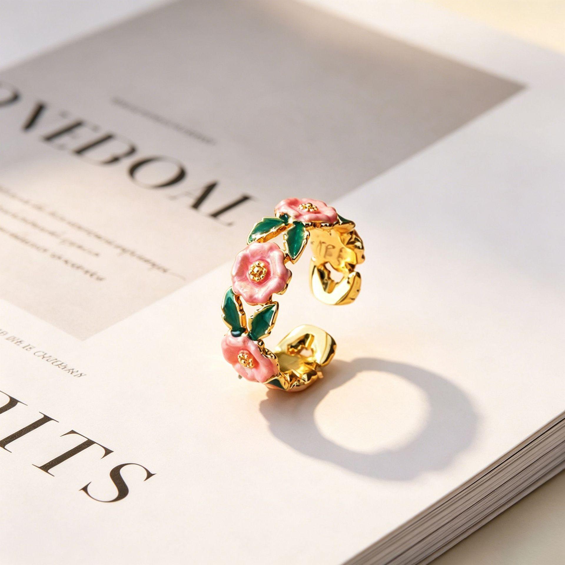 Yanbai Pink Camellia Drip Oil Open Ring with Enamel Rose Flower - Luxurious High-End Design Adjustable Open