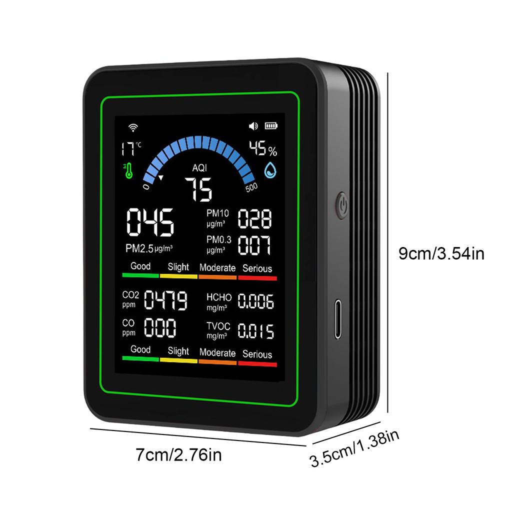 10-in-1 2.8" Air Quality Detector Meter CO2 Formaldehyde PM2.5 TVOC Temperature Humidity Tester Type-C Charging for Home Office
