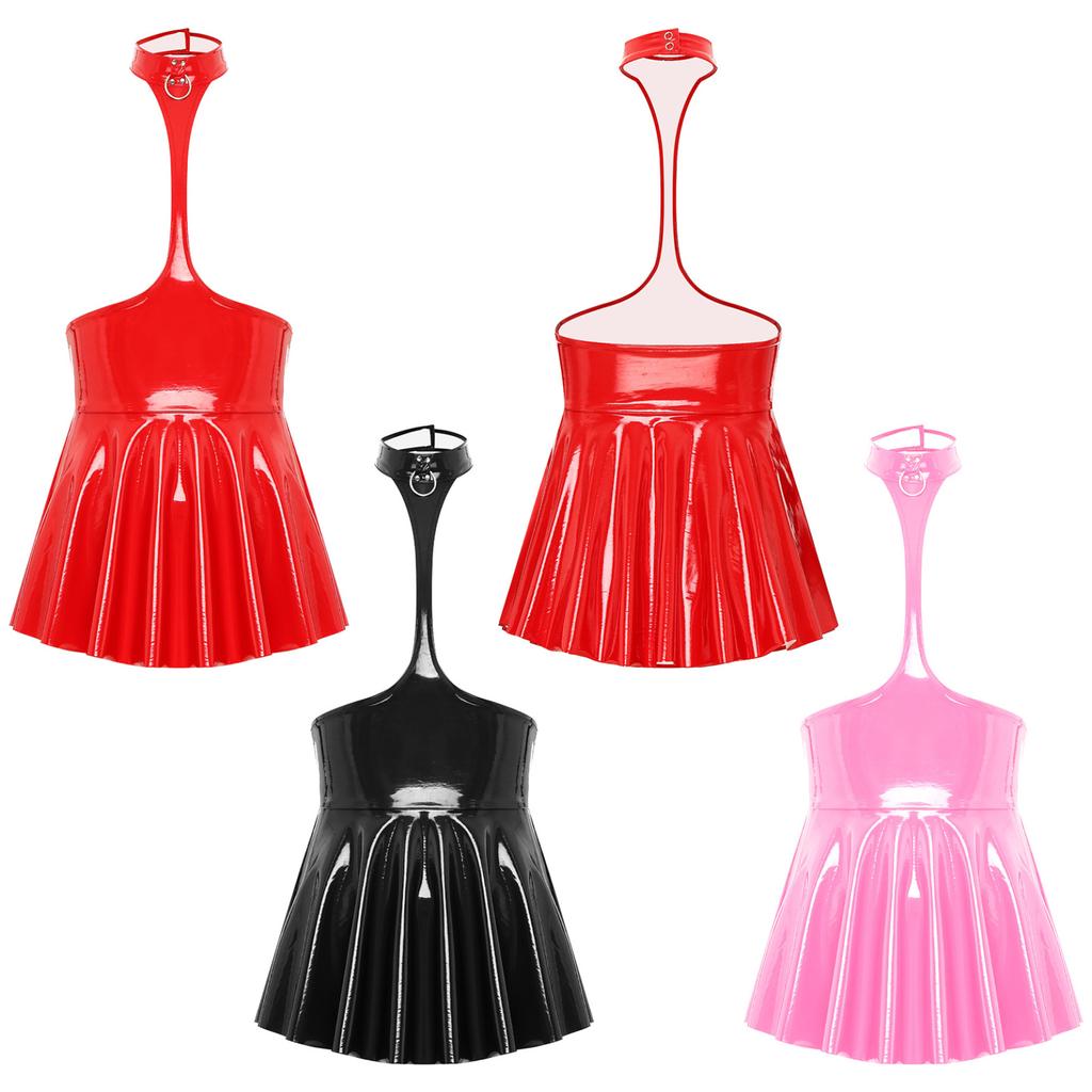Women's Patent Leather Halter Neck Sexy Backless Bodycon Party MIni Dress Clubwear