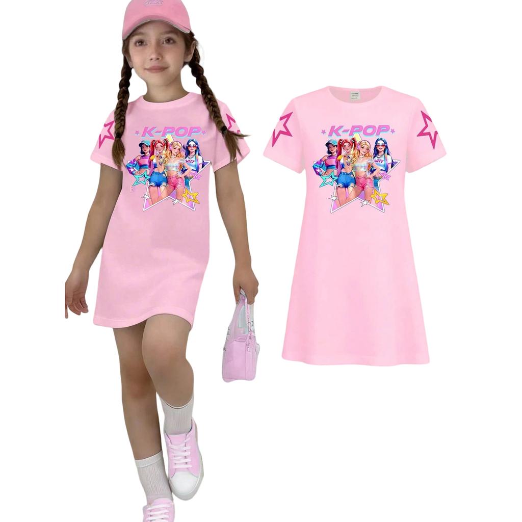 Girls Print Casual Dress Kids Loose Round Neck Short Sleeve Thin Sundress