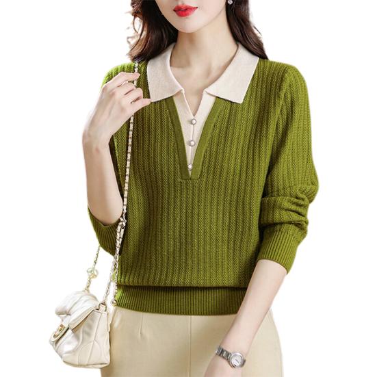 Women Sweater Fake Two-Piece Design Lapels Long Sleeve Fitted Casual Top Autumn