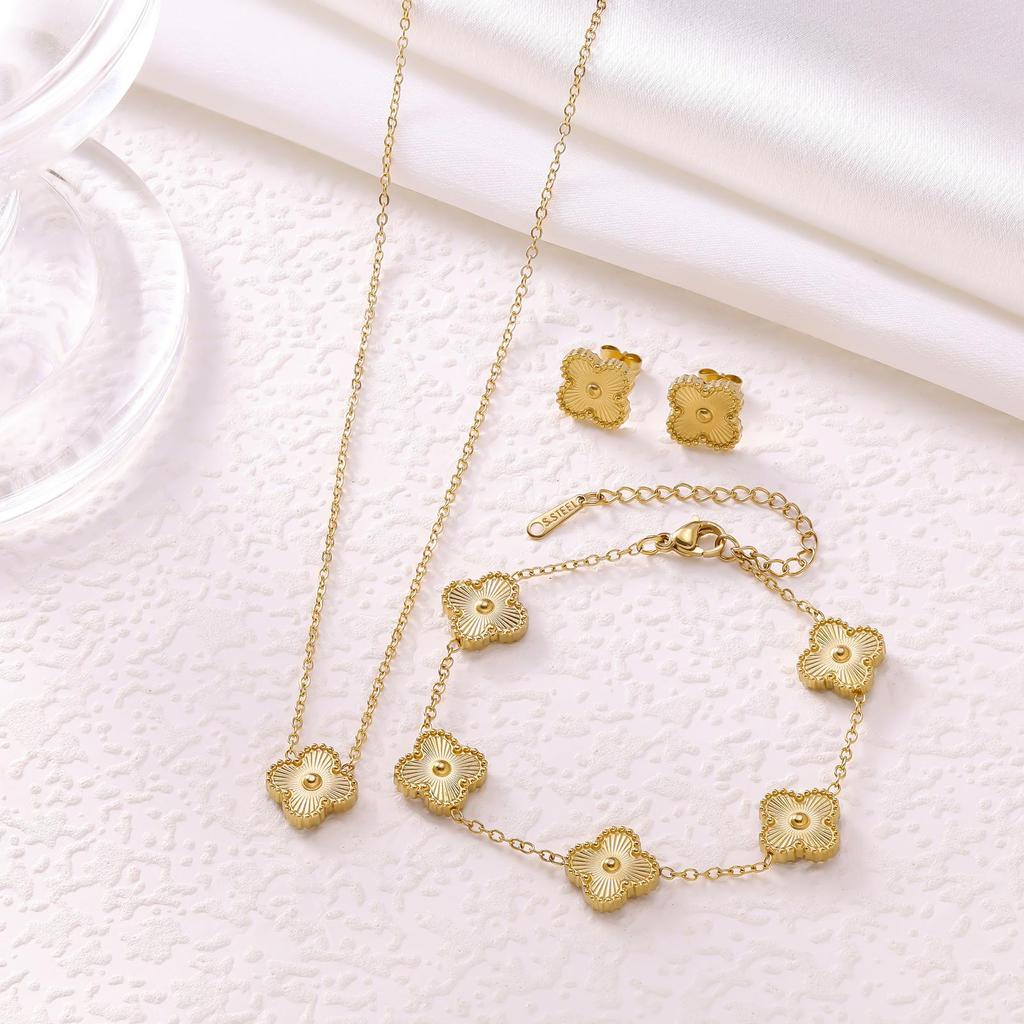 Elegant Four-Leaf Clover Jewelry Set: Titanium Steel Necklace, Earrings, and Bracelet - Light Luxury Design