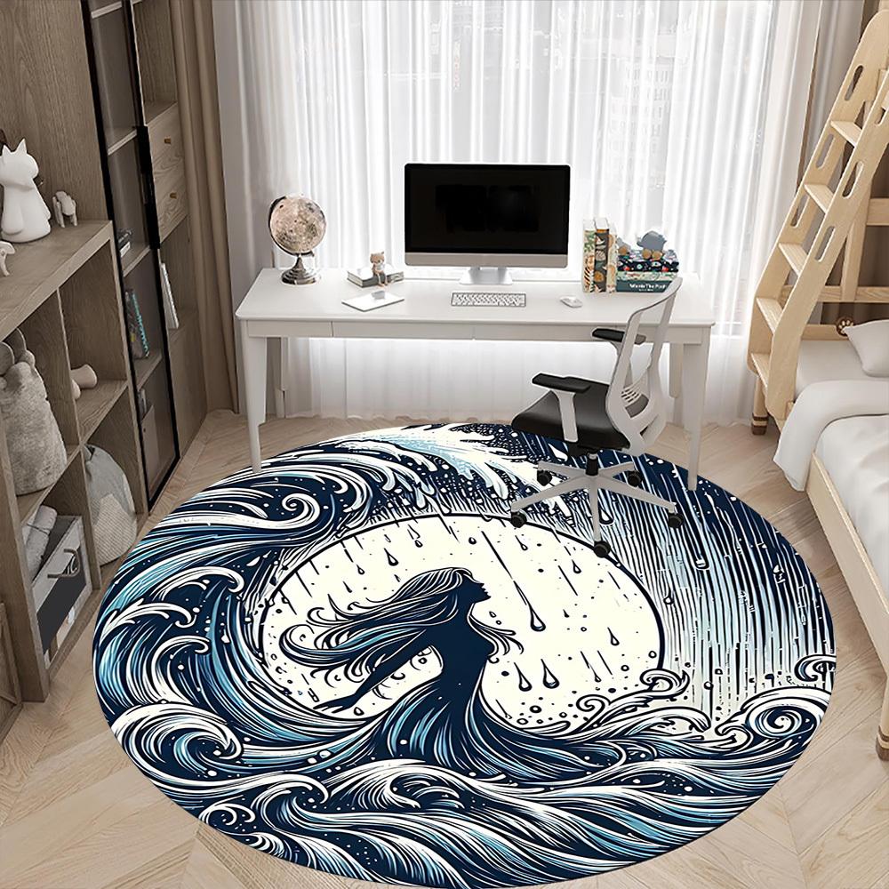 1pc Ocean Waves Office Round Area Rug,  Mat Suitable For Office, Under Office Chairs Bedroom Living Room Home Decor, Room Deco