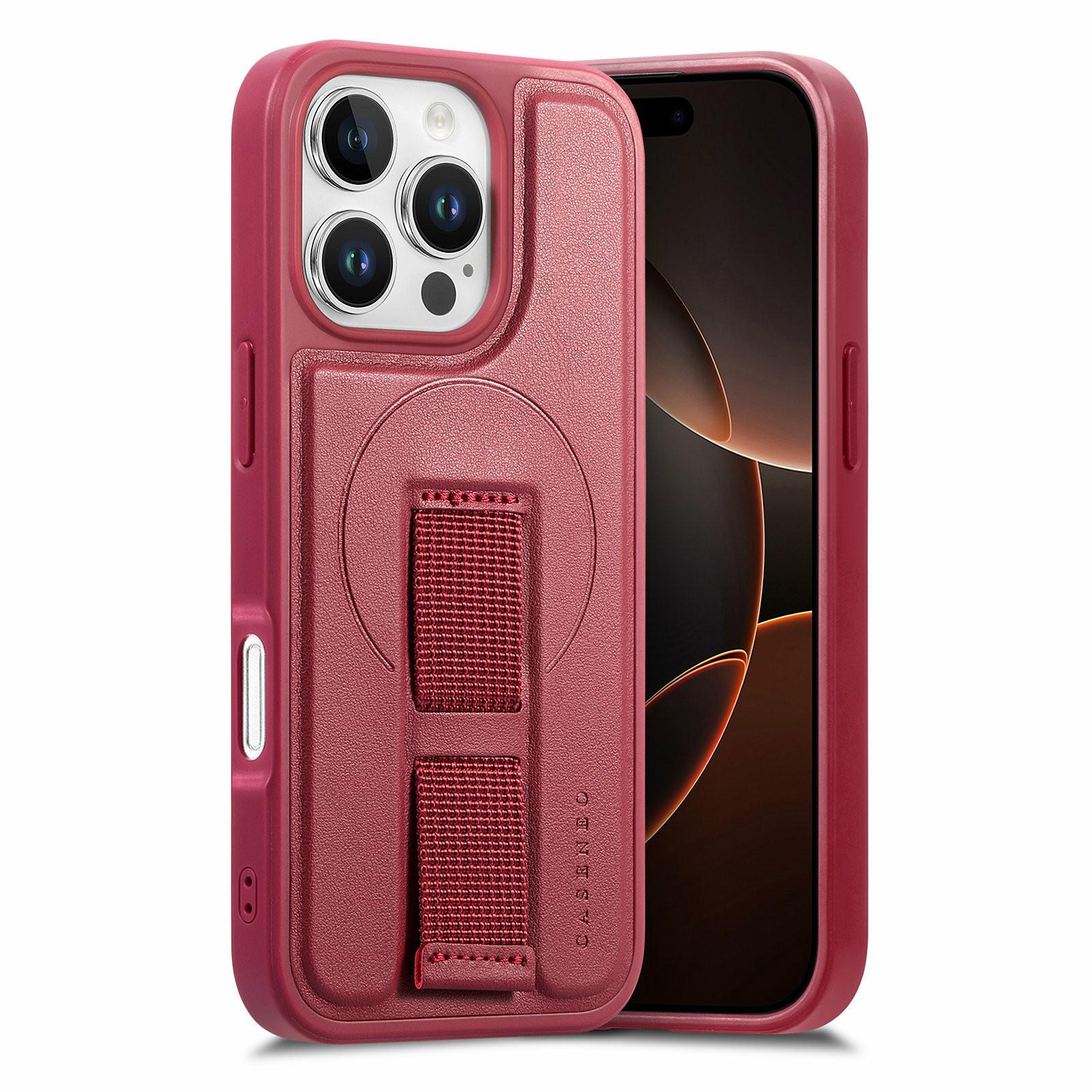 

CASENEO For iPhone 16 Pro Max Magnetic Case Wristband PU Leather+PC Shockproof Phone Cover Red