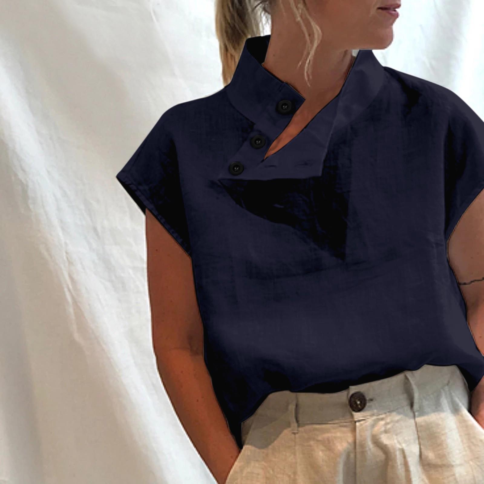 Women s Summer Elegant Casual Round Neck Buttons Short Sleeve Blouse Tops M тёмно-синий
