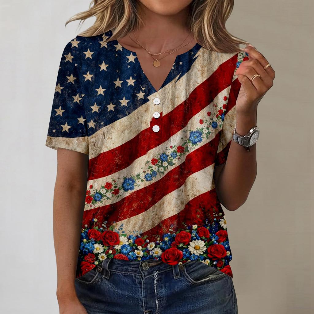 Women's fashionable casual short-sleeved Independence Day print V-neck top