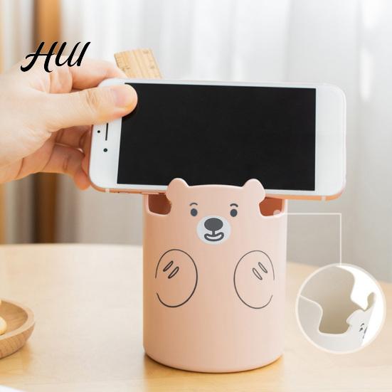 Study Table Pen Holder Cute Bear 2-in-1 & Phone Stand, Macaron Colors Desk Organizer, Large Organizer Capacity Storage for Pens Makeup Brushes