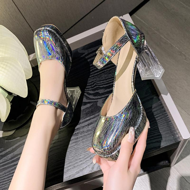 Fashion Patent Leather High Heels Sandals Women Summer 2024 Chunky Platform Party Sandals Woman Clear Thick Heeled Ankle Straps Pumps